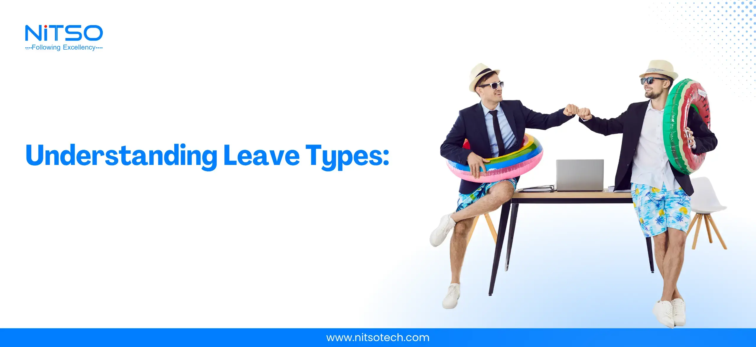 Understanding different types of employee leave including casual, sick, maternity, and paternity leave. Two men celebrating with swim rings while discussing leave policies.